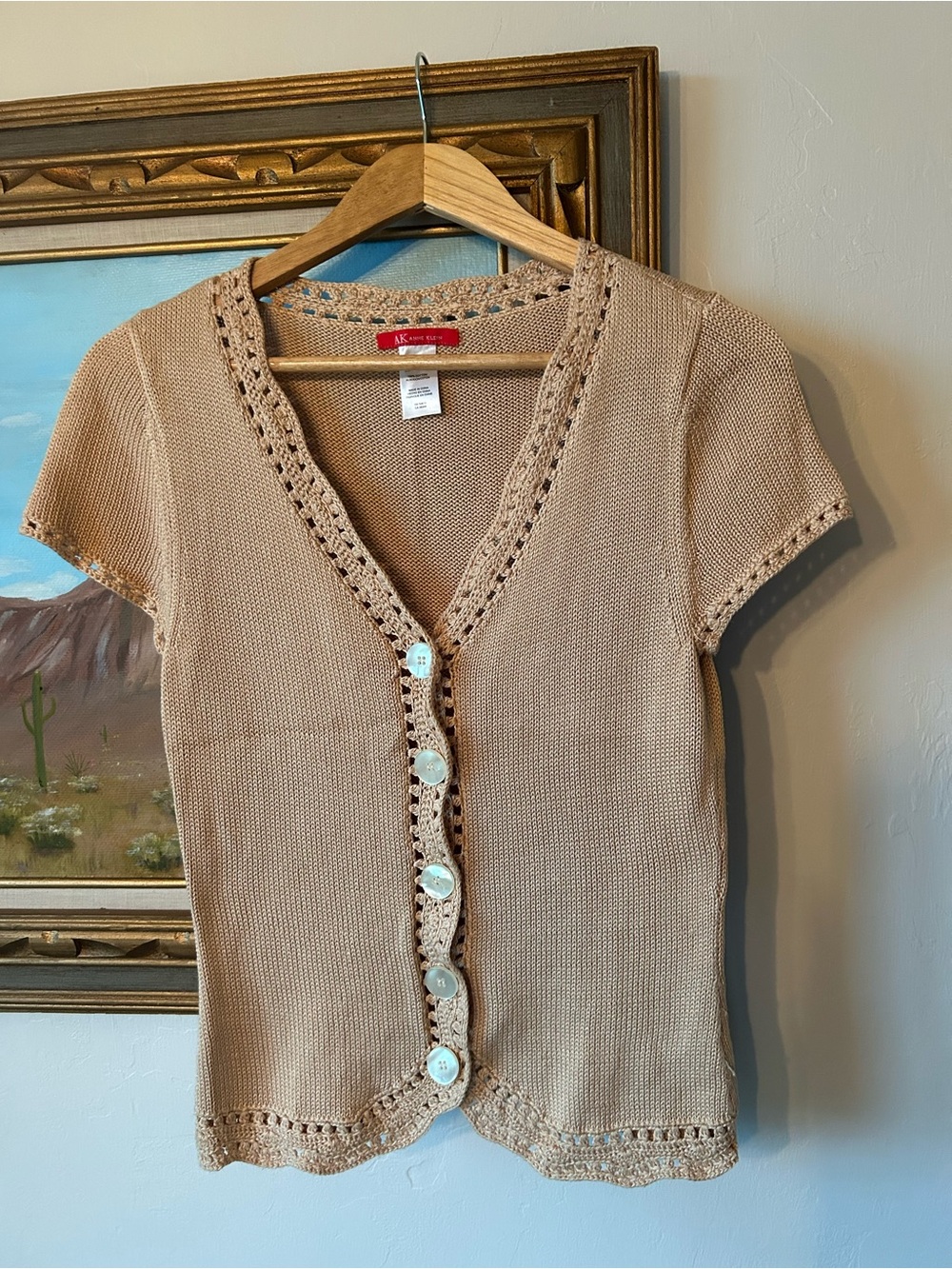 Anne Klein Beige Knit Short-Sleeve Button Cardigan